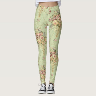 French Sage Green Victorian Style Floral Rococo Leggings