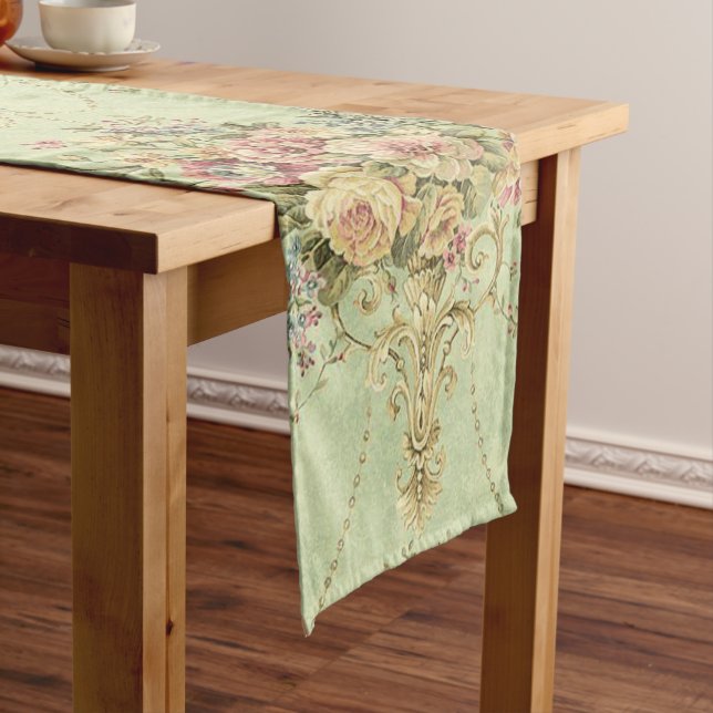 French Sage Green Victorian Style Floral Rococo Long Table Runner (In Situ)