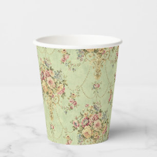 French Sage Green Victorian Style Floral Rococo Paper Cups