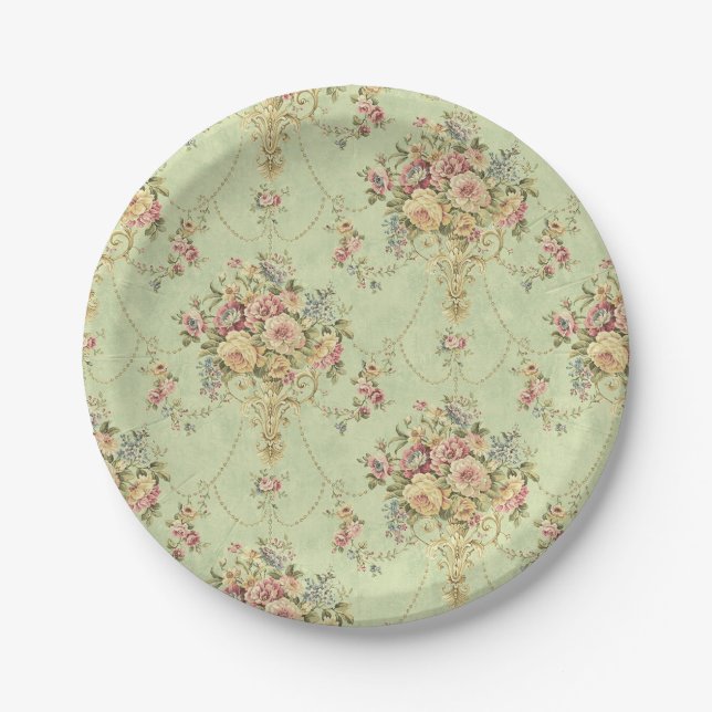 French Sage Green Victorian Style Floral Rococo Paper Plate (Front)
