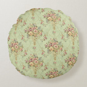 French Sage Green Victorian Style Floral Rococo Round Cushion