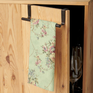 French Sage Green Victorian Style Floral Rococo Tea Towel