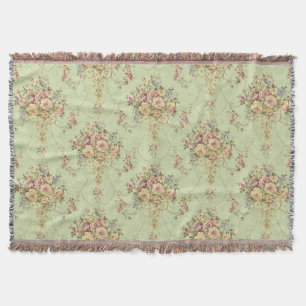 French Sage Green Victorian Style Floral Rococo Throw Blanket