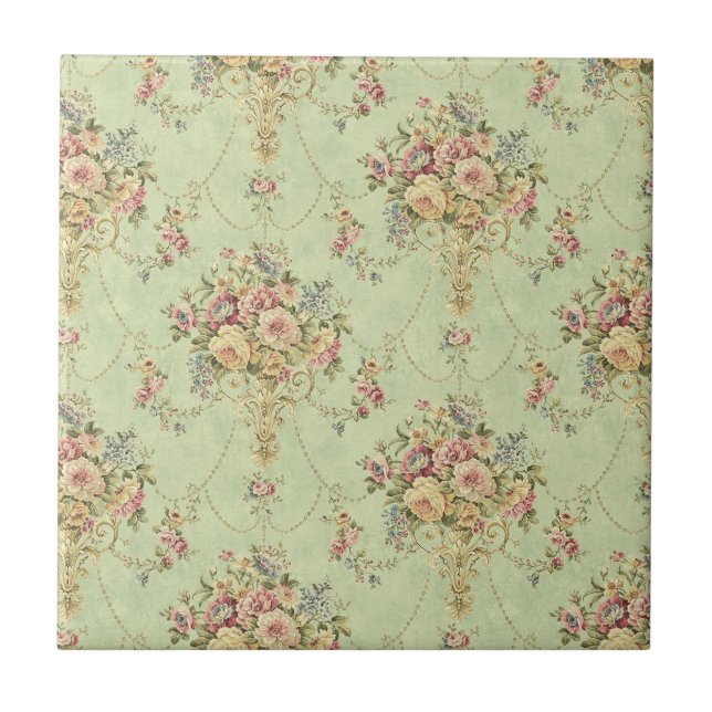 French Sage Green Victorian Style Floral Rococo Tile (Front)