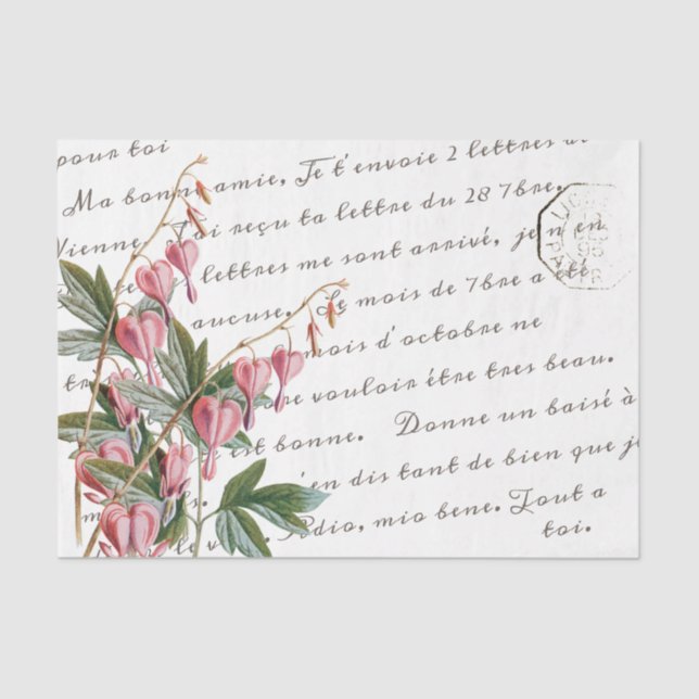 French Script Bleeding Heart Flower Vintage Tissue Paper (Front)