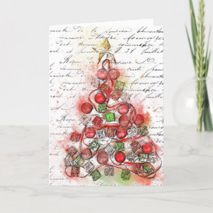 French Script Christmas Tree Red  Holiday Card