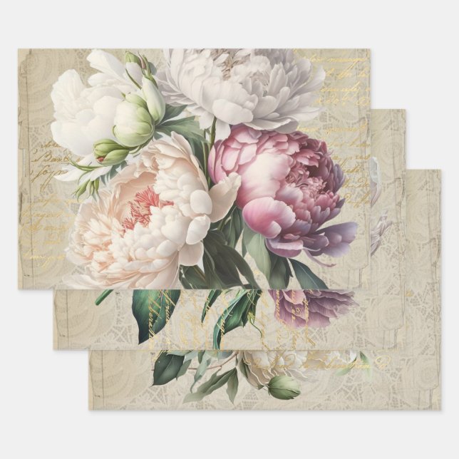 French script fine art roses antique lace wrapping paper sheet (Set)