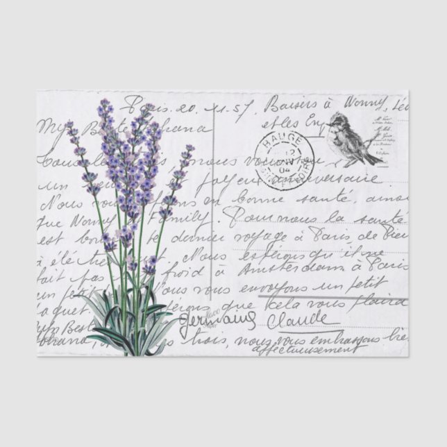 French Script Lavender Vintage Bird Postcard Tissue Paper (Front)