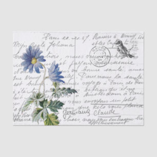 French Script Vintage Blue Flower Bird Postcard Tissue Paper