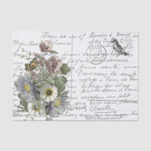 French Script Vintage Flowers Bird Postcard Tissue Paper