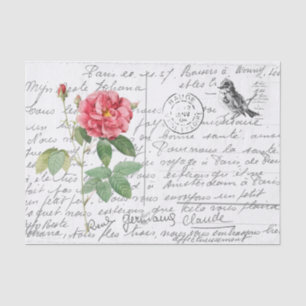 French Script Vintage French Rose Bird Postcard Tissue Paper