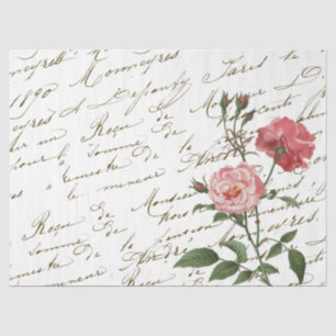 French Script Vintage Pink Rose Floral Tissue Paper