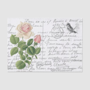 French Script Vintage Pink Tea Rose Bird Postcard Tissue Paper