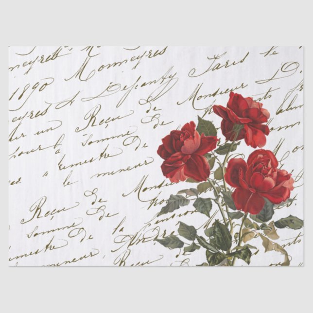 French Script Vintage Red Rose Flower Tissue Paper (Front)