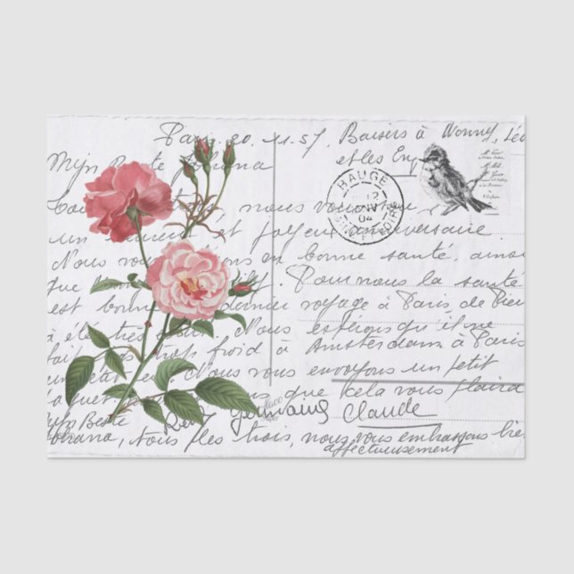 French Script Vintage Rose Bird Postcard Tissue Paper (Front)
