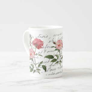 French Script Vintage Rose Postcard Mug
