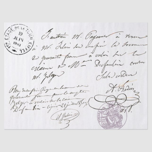 French Script Vintage Stamped Text Decoupage Tissue Paper (Front)