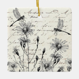 French Script Wildflower Dragonfly Christmas Decor Ceramic Ornament