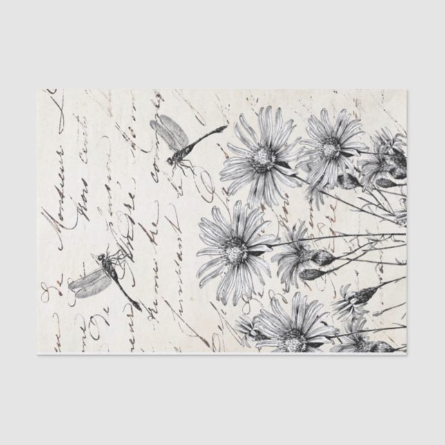 French Script Wildflower Dragonfly Decoupage Craft Tissue Paper (Front)