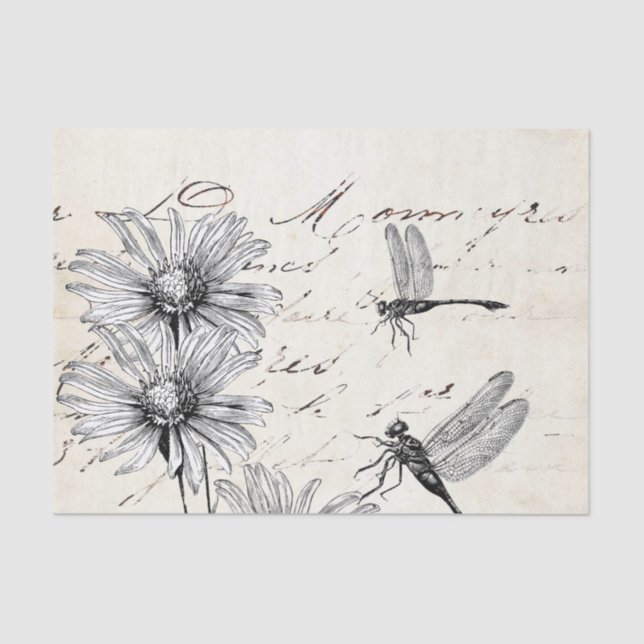 French Script Wildflower Dragonfly Decoupage Set 2 Tissue Paper (Front)