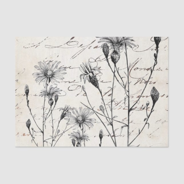 French Script Wildflower Dragonfly Decoupage Set 3 Tissue Paper (Front)