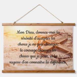 French Serenity Prayer with Cross and Crown Hanging Tapestry