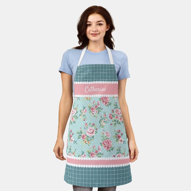 French Shabby Chic Pastel Teal Blue Pink Rose Apron (Worn)
