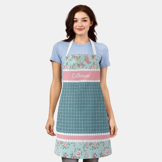 French Shabby Chic Pastel Teal Blue Pink Rose Apron (Worn)