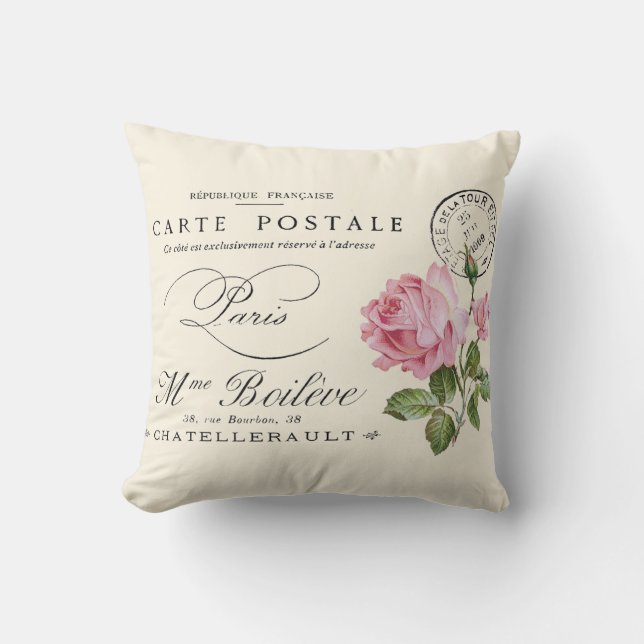 French, shabby chic vintage postcard cushion (Front)