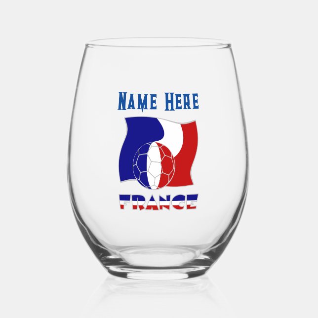 French Soccer Ball Flag Personalised  Stemless Wine Glass (Front)