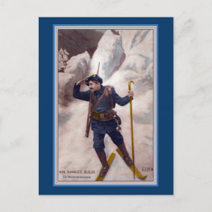 French Soldier on Skis in Alps - Les Diables Bleus Postcard