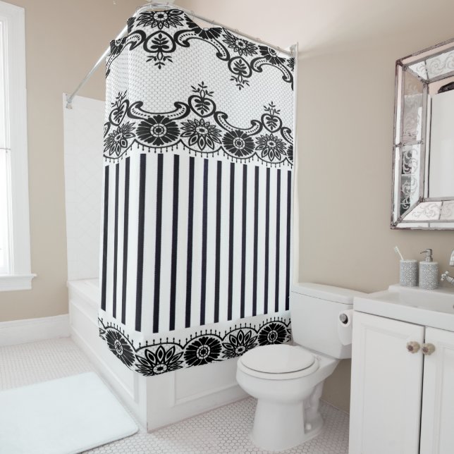 ' French Store Front" White_Black Stripes & Lace Shower Curtain (In Situ)