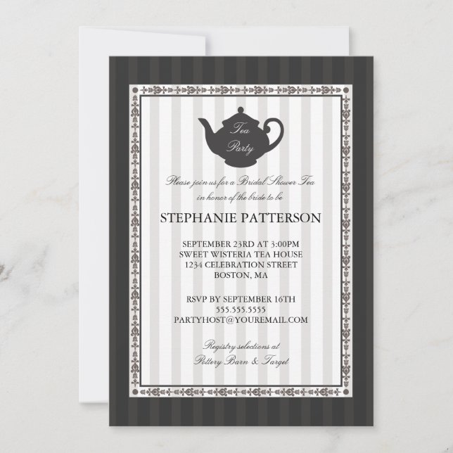French Stripe Chic Bridal Shower Tea Party Invitation (Front)