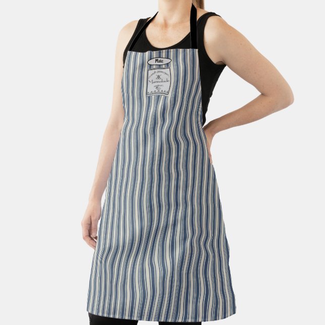 French Style Blue Cream Stripes Marmalade Label Apron (Insitu)