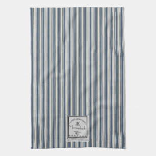 French Style Blue Cream Stripes Marmalade Label Tea Towel