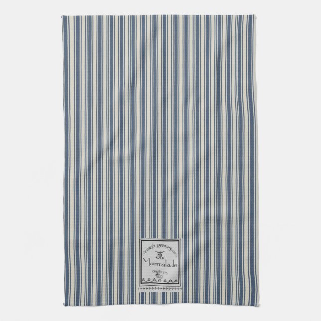 French Style Blue Cream Stripes Marmalade Label Tea Towel (Vertical)