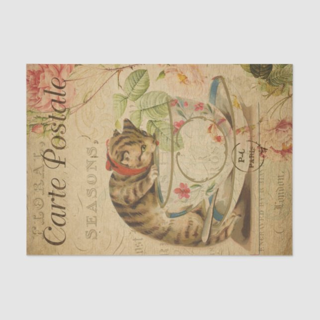 French Style Carte Postale Cat and a Tea Cup Tissue Paper (Front)