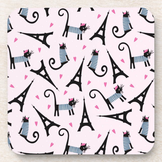 French Style Dressed Cat With Eiffel Tower Pattern Coaster (Front)