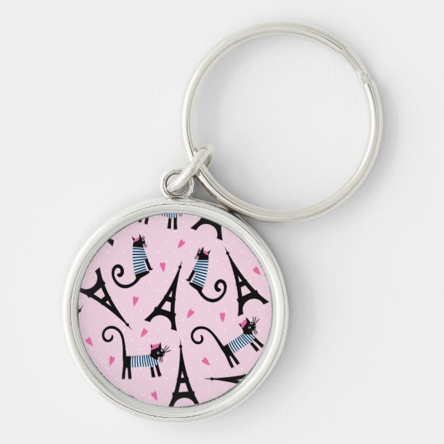 French Style Dressed Cat With Eiffel Tower Pattern Key Ring (Front)