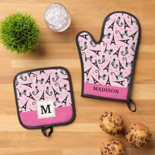 French Style Dressed Cat With Eiffel Tower Pattern Oven Mitt & Pot Holder Set