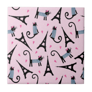 French Style Dressed Cat With Eiffel Tower Pattern Tile