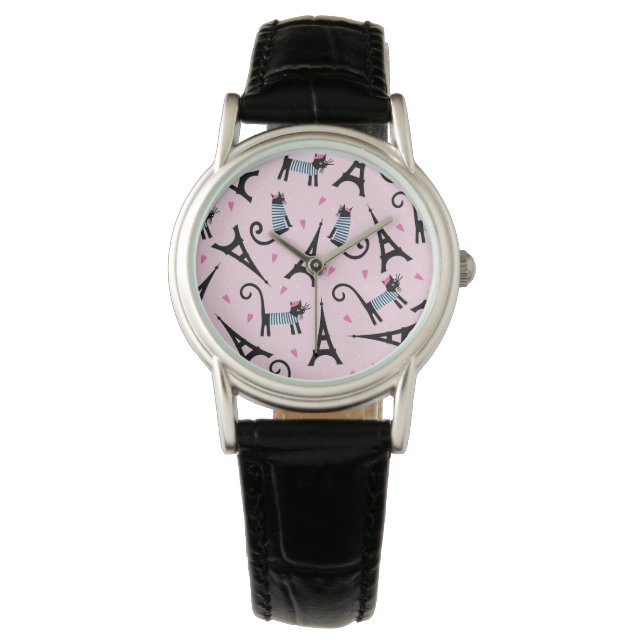 French Style Dressed Cat With Eiffel Tower Pattern Watch (Front)