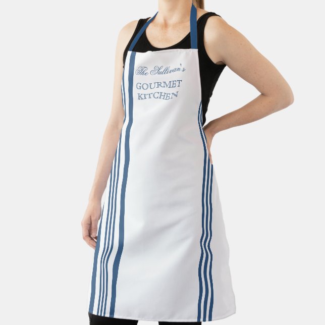 French Style Stripe - Blue | White Name Apron (Insitu)