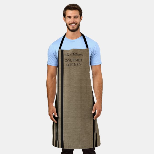 French Style Stripe Burlap Look | Black Name Apron (Worn)
