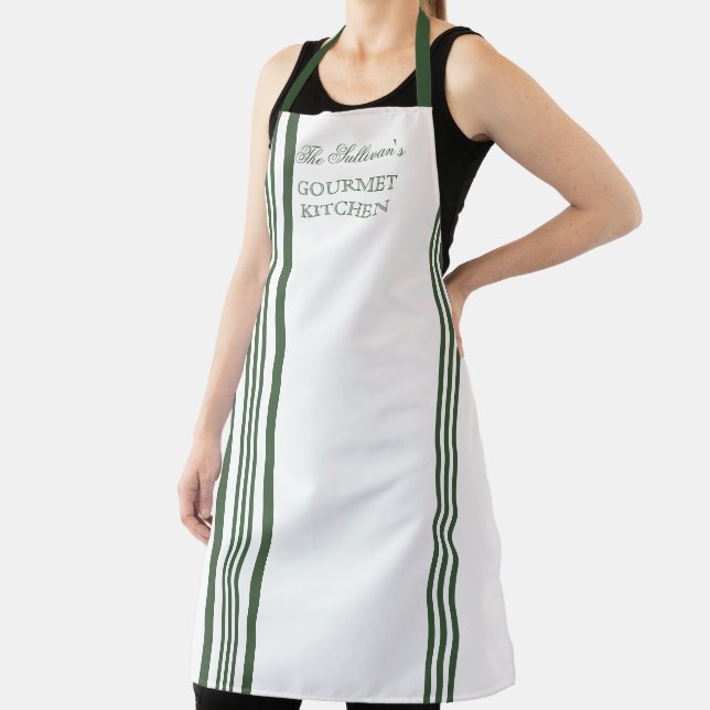 French Style Stripe - Green | White Name Apron (Insitu)