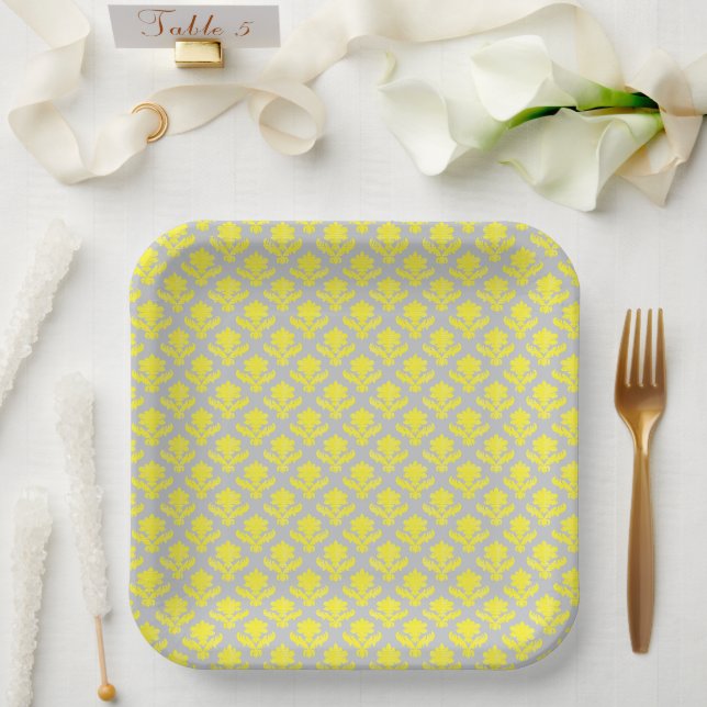 French Tapestry Bright Yellow Light Grey Wedding Paper Plate (Wedding)