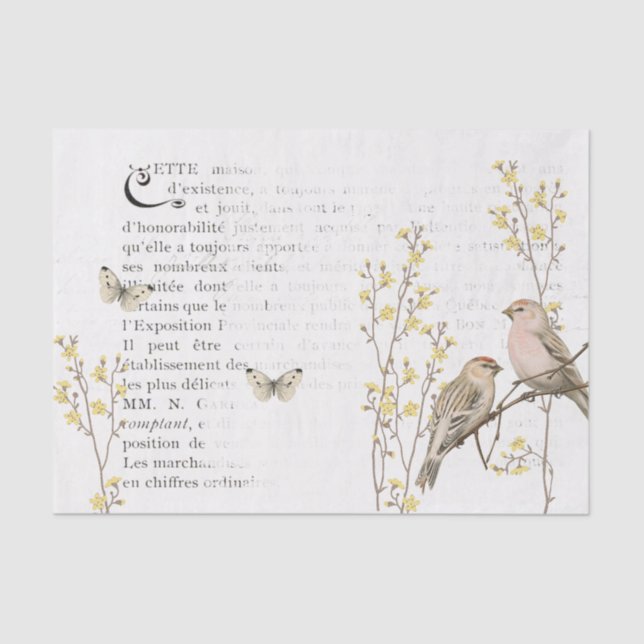 French Text Redpoll Bird Yellow Flower Decoupage   Tissue Paper (Front)