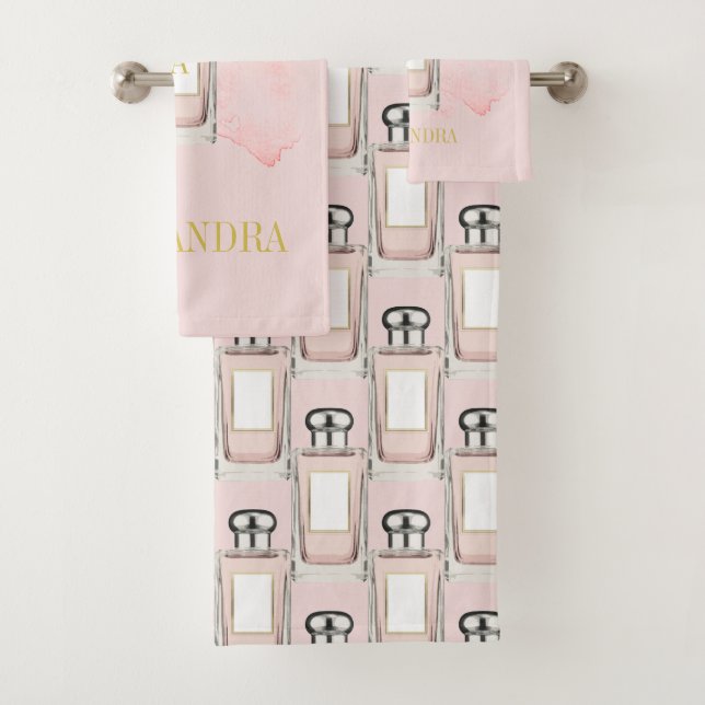 French Theme  Pink Perfume Bottle Chic Monogram Bath Towel Set (Insitu)