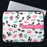 French Themed Personalised Electronics Bag<br><div class="desc">An electronics bag featuring illustrations of black poodles,  retro cat eye sunglasses,  gift boxes,  French macarons,  and "bonjour!" Personalise with your name on front.</div>