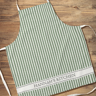 French Ticking Stripe Personalised Name Sage Green Apron